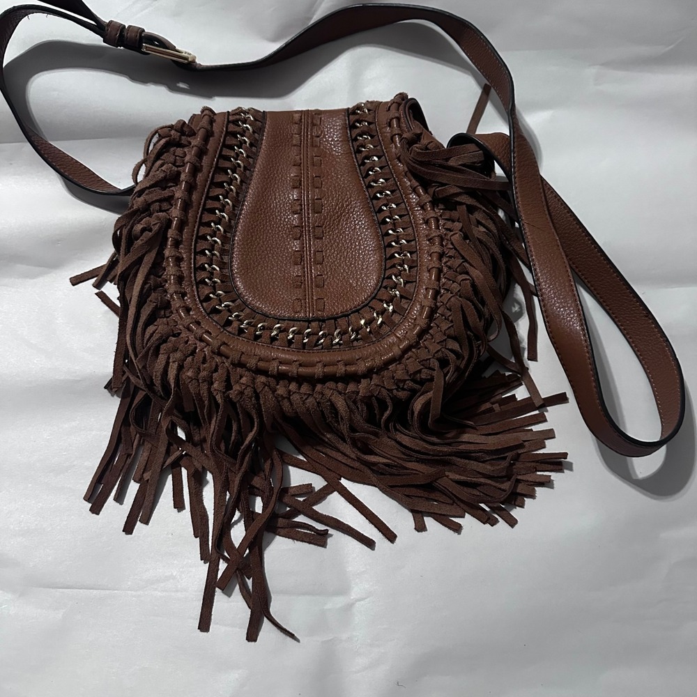 Aimee Kestenberg Brown Leather Fringe Crossbody Bag Chain Detail Designer Purse‎